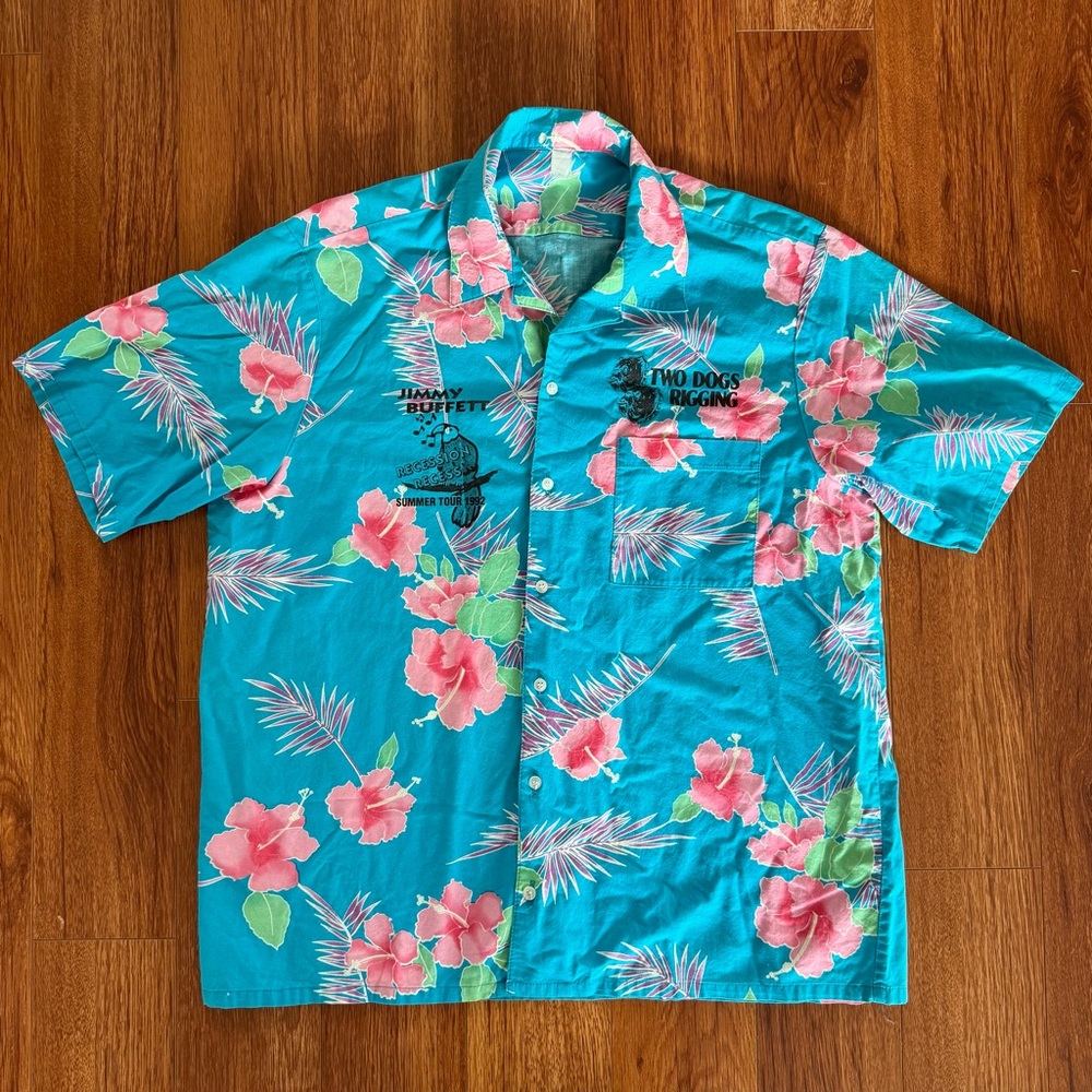 Vintage Jimmy Buffett Large Hawaiian Tour Shirt Recession Recess Crew 1992 Blue